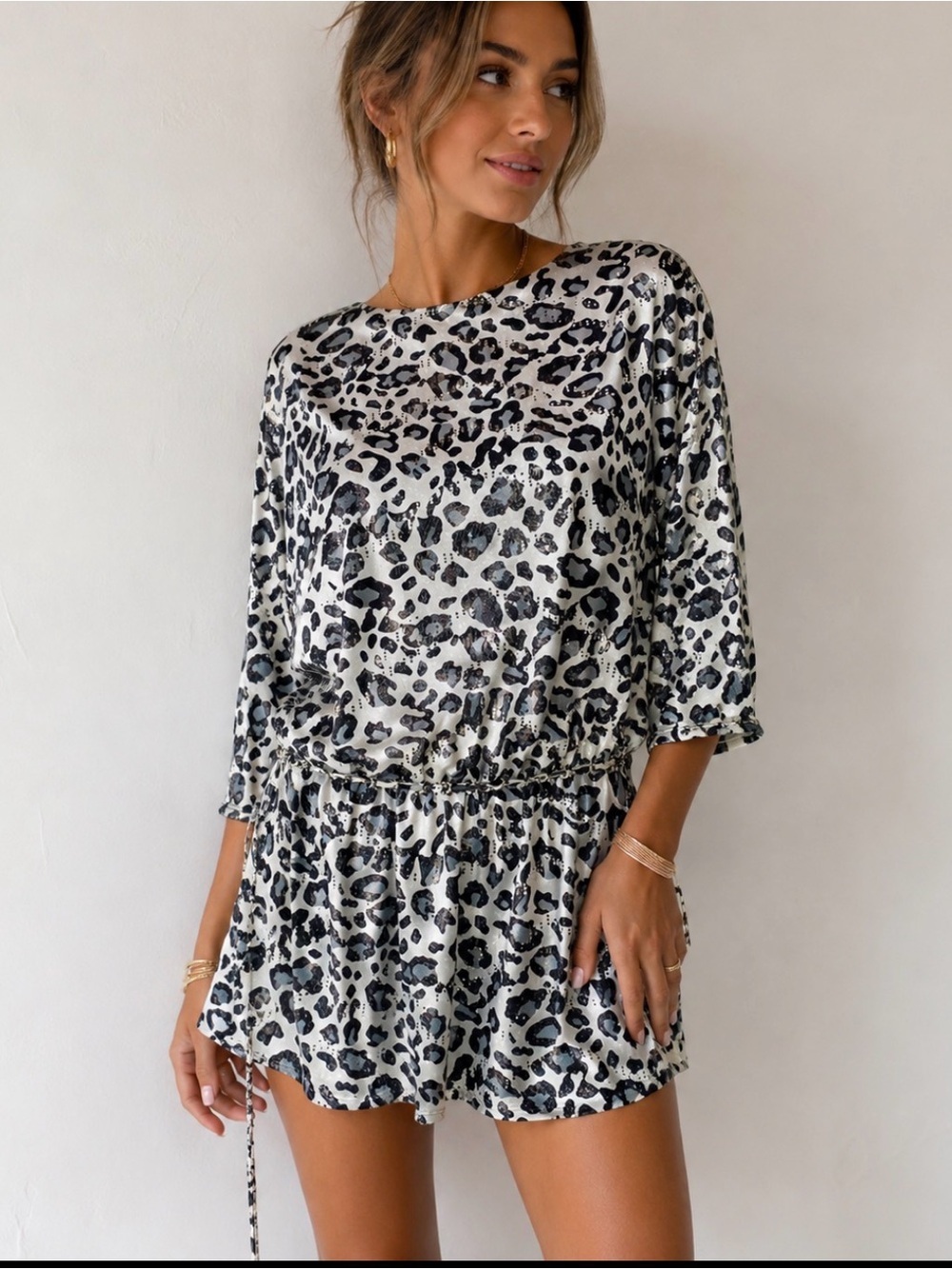 Coco Bianco dress drop waist top belted SZ SM cheetah print slinky black/white